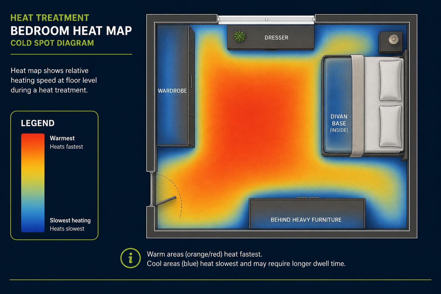 Illustrated bedroom floor plan heat map showing the open centre of the room heating fastest and the divan base, wardrobe and area behind heavy furniture heating slowest