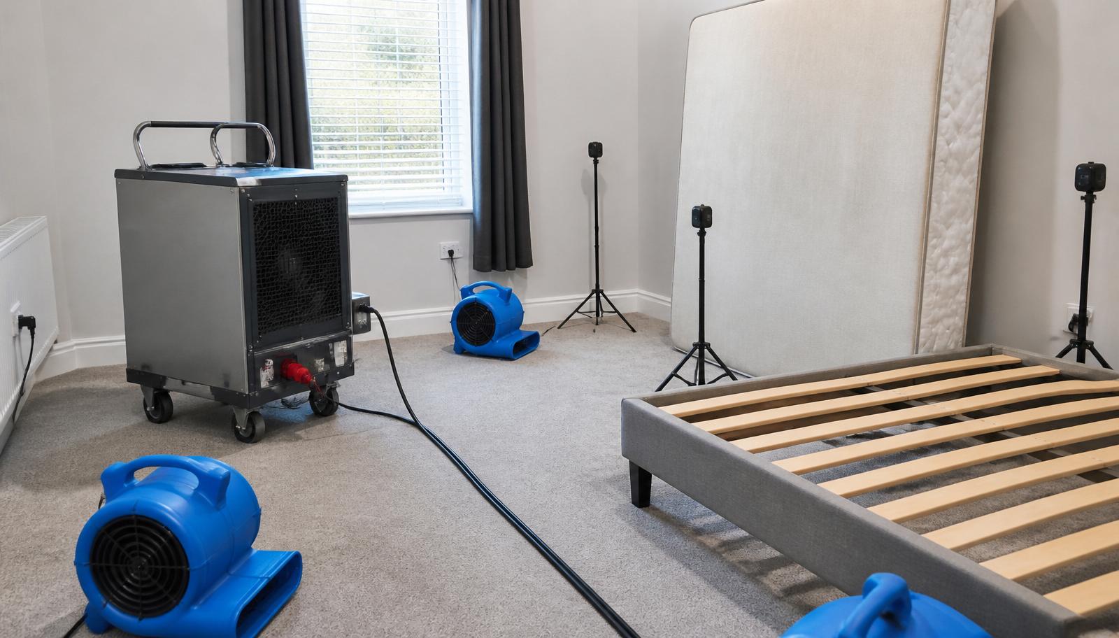 Bed bug heat treatment equipment set up in a prepared bedroom with heater, air movers and temperature probes