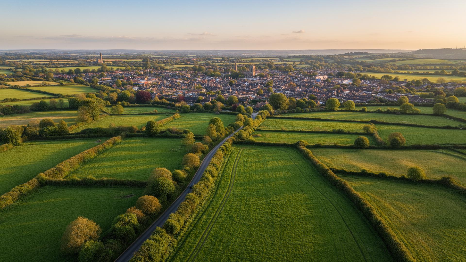 Aerial view of the Hertfordshire countryside with green fields and a market town