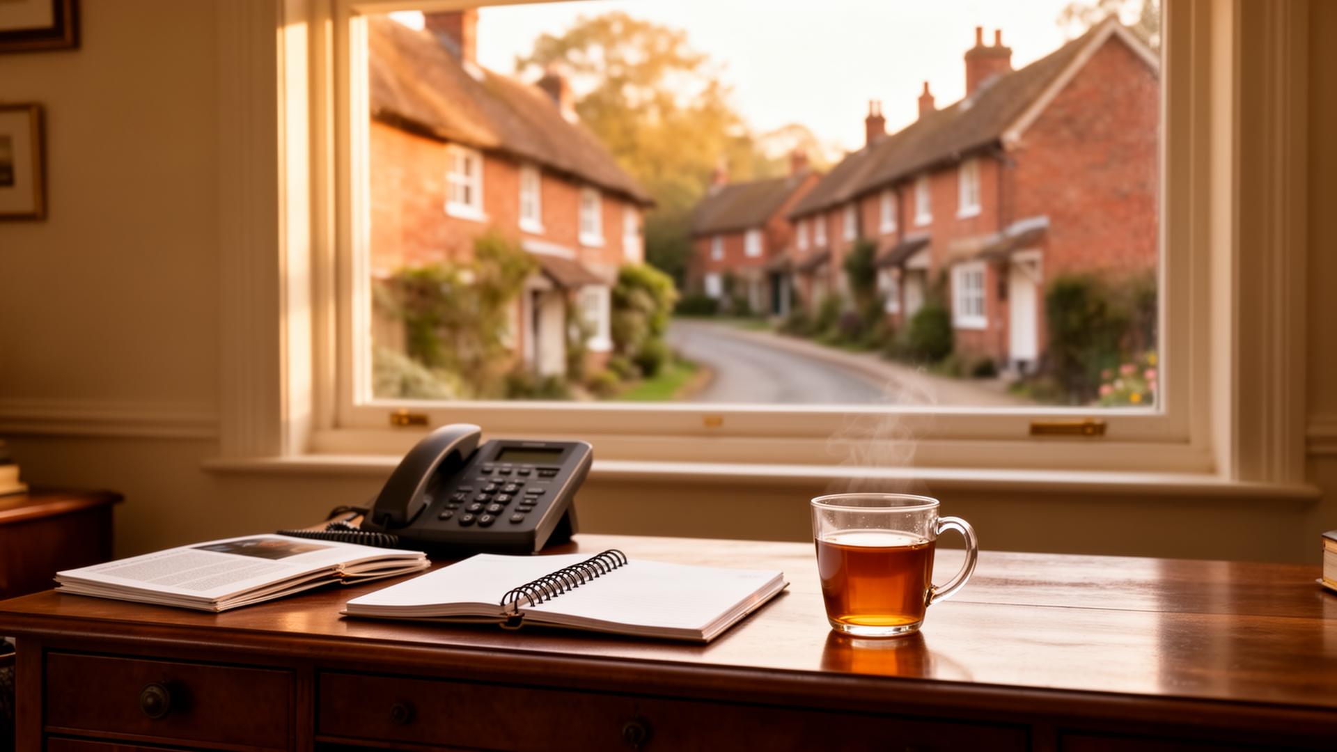 Welcoming Hertfordshire home office with phone, notebook and tea by a window