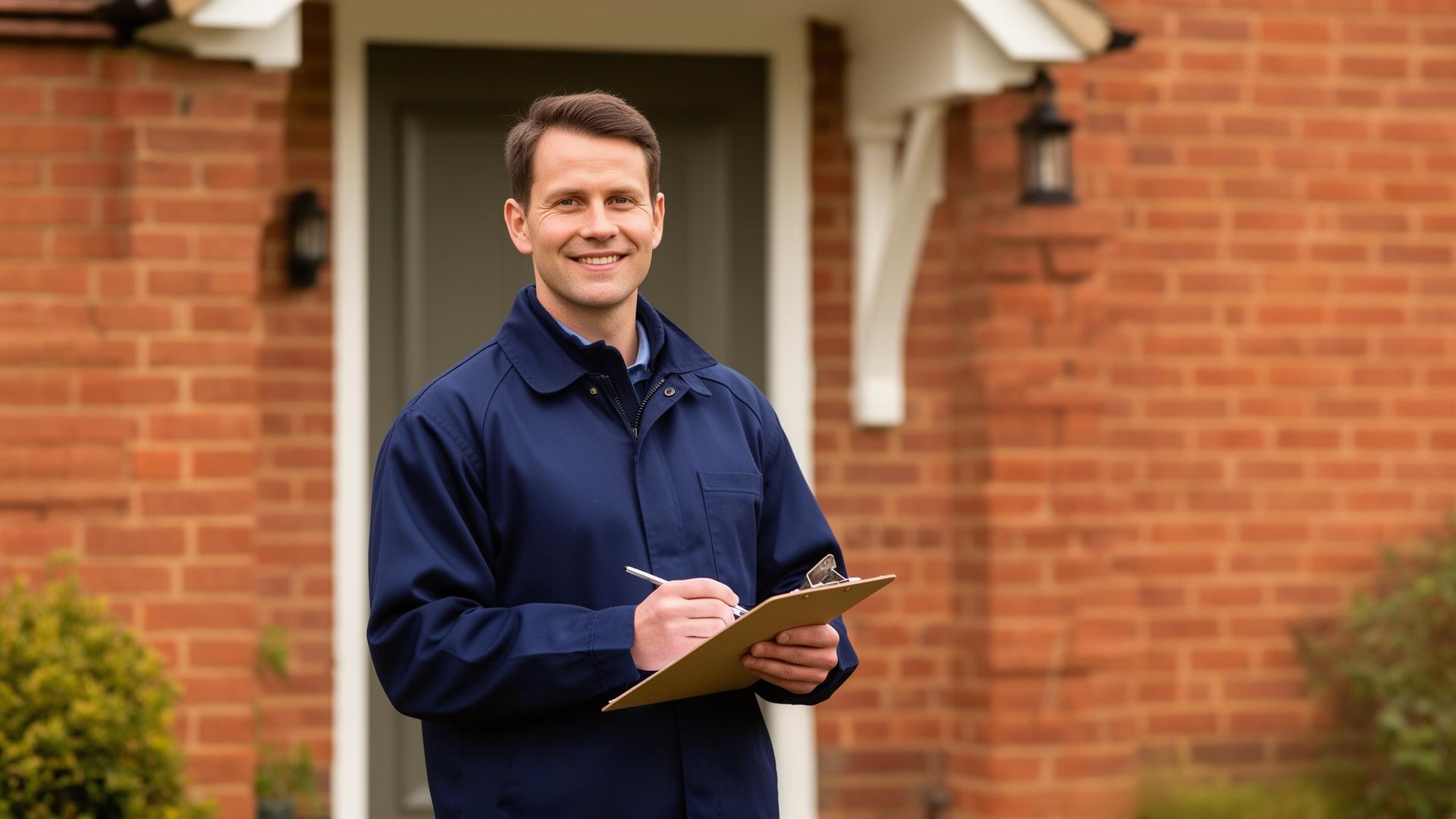 Pest control technician with a clipboard at the front door of a brick house