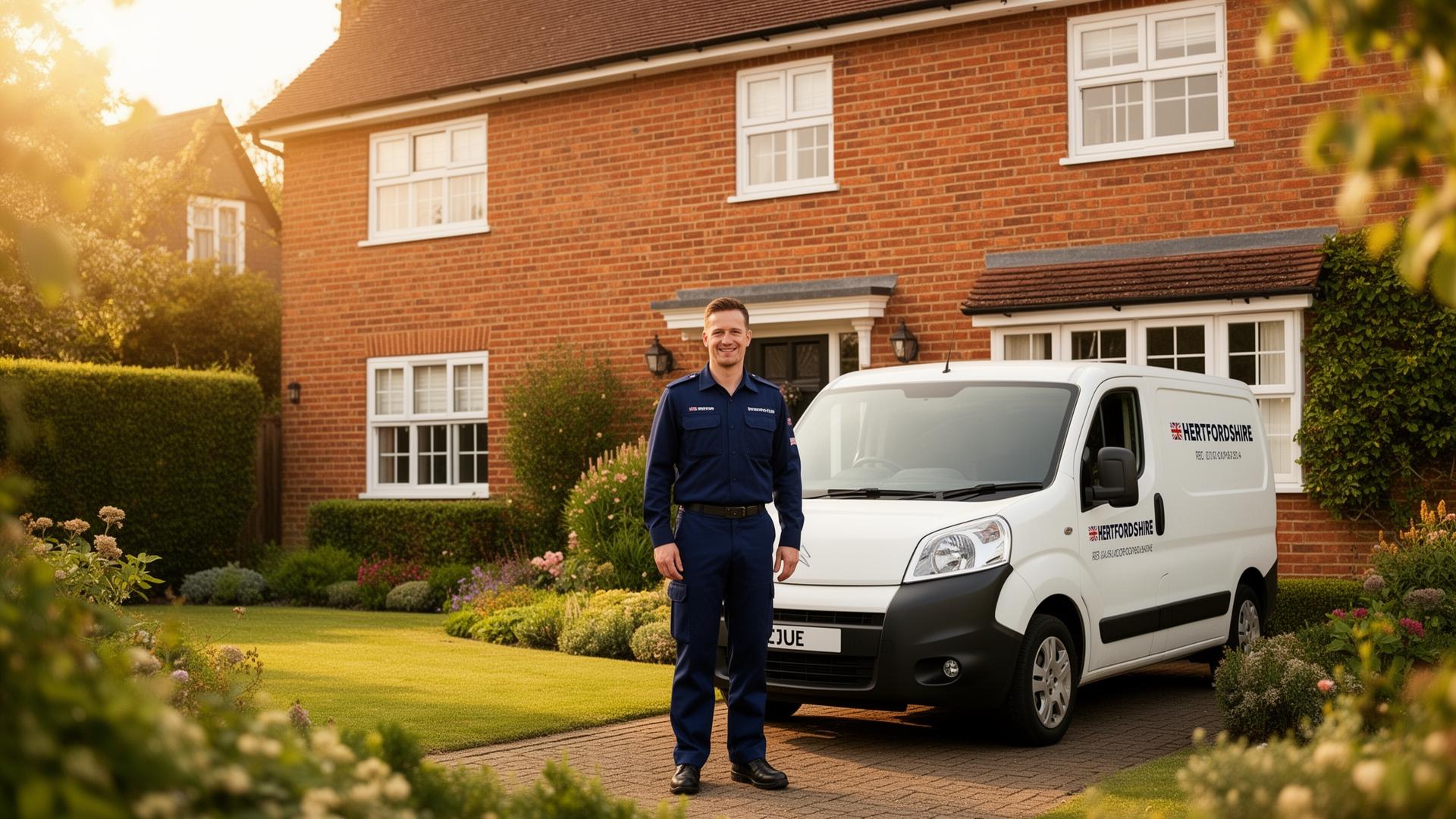 Hertfordshire Pest Experts technician beside a service van at a Hertfordshire home