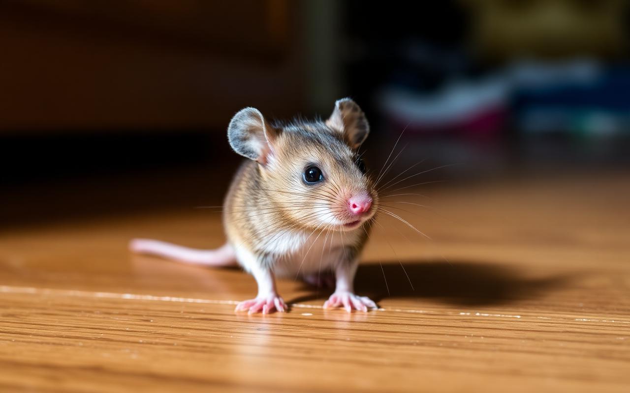 House mouse beside a kitchen skirting gap