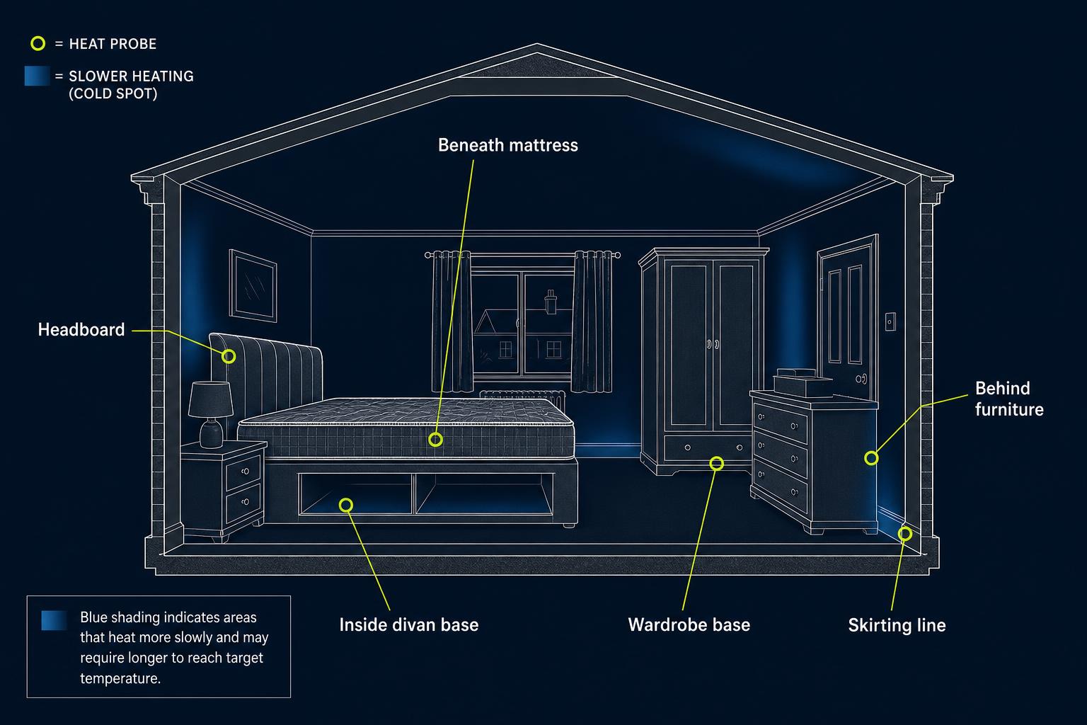 Illustrated cutaway of a bedroom showing example temperature probe positions inside the divan base, beneath the mattress, in the headboard, at the wardrobe base, along skirting lines and behind heavy furniture