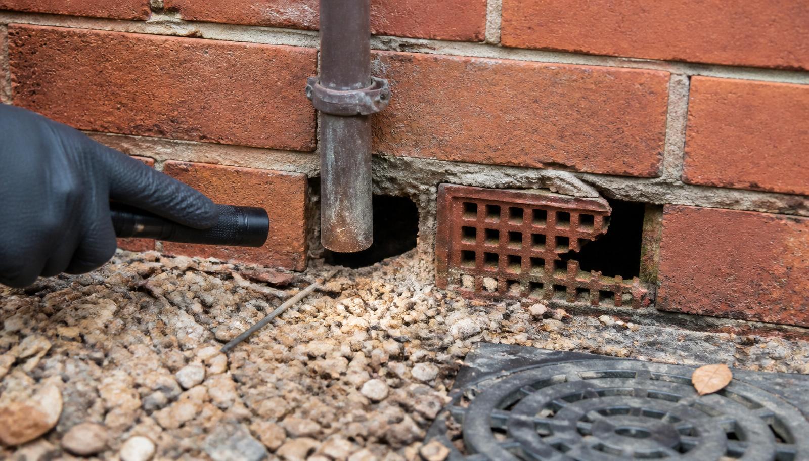 Gloved technician using a torch to inspect a damaged air brick and pipe gap at the base of a house wall