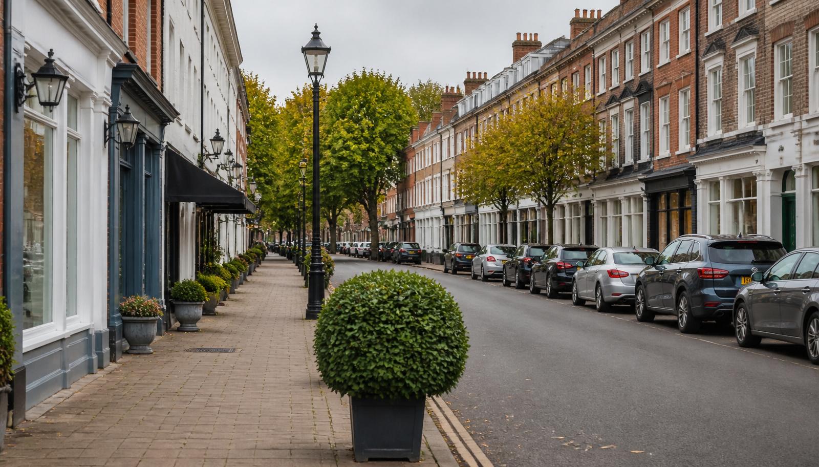 Typical Hertfordshire market town high street with period brick shopfronts — typical of the properties we treat in and around Stevenage (illustrative, not a specific address)